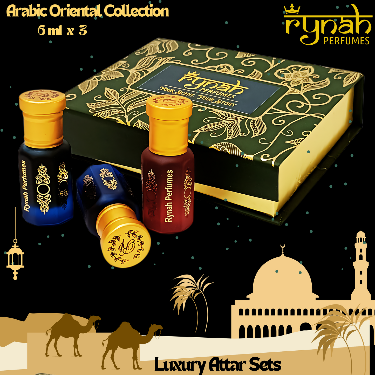 Fragrance Oil - Attar - Green Oriental Arabic Collection - Set of 3 x 6 ml .